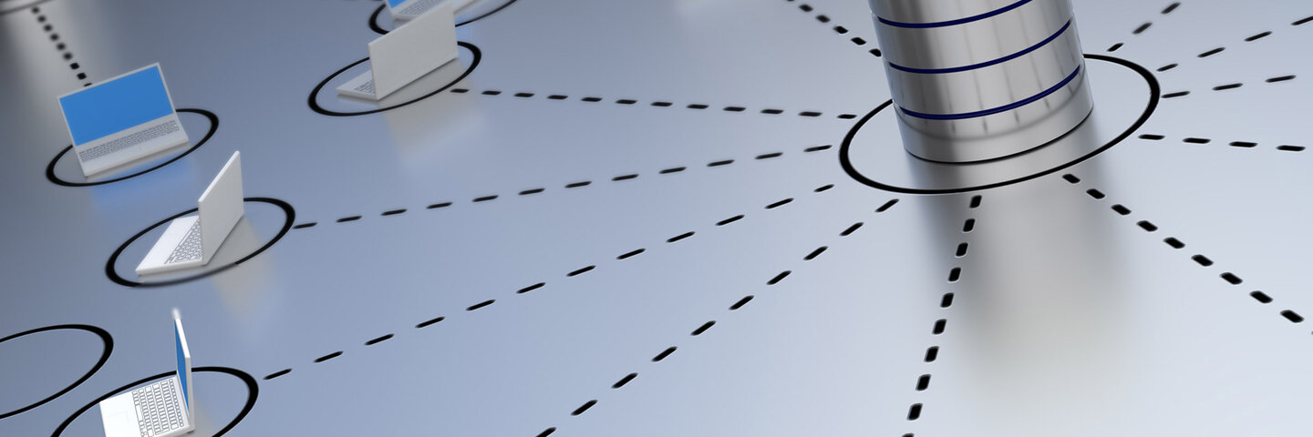 Illustration of SQL database connecting with a network of laptops.