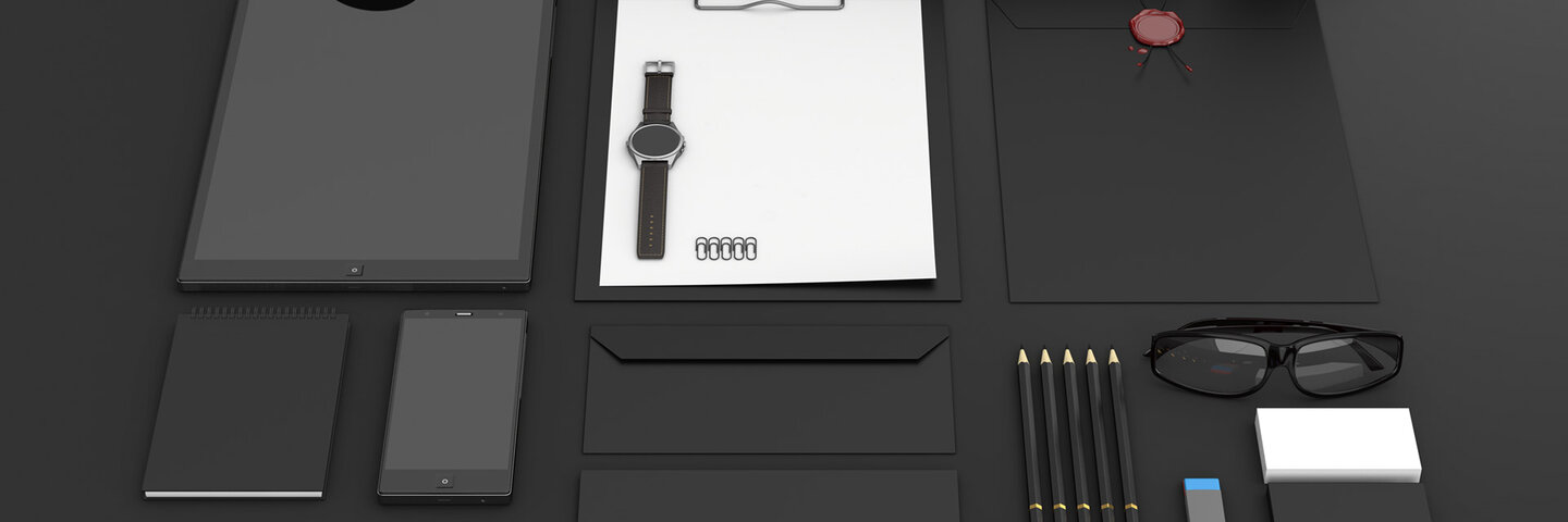 Set of blank stationery for branding identity on black background. 