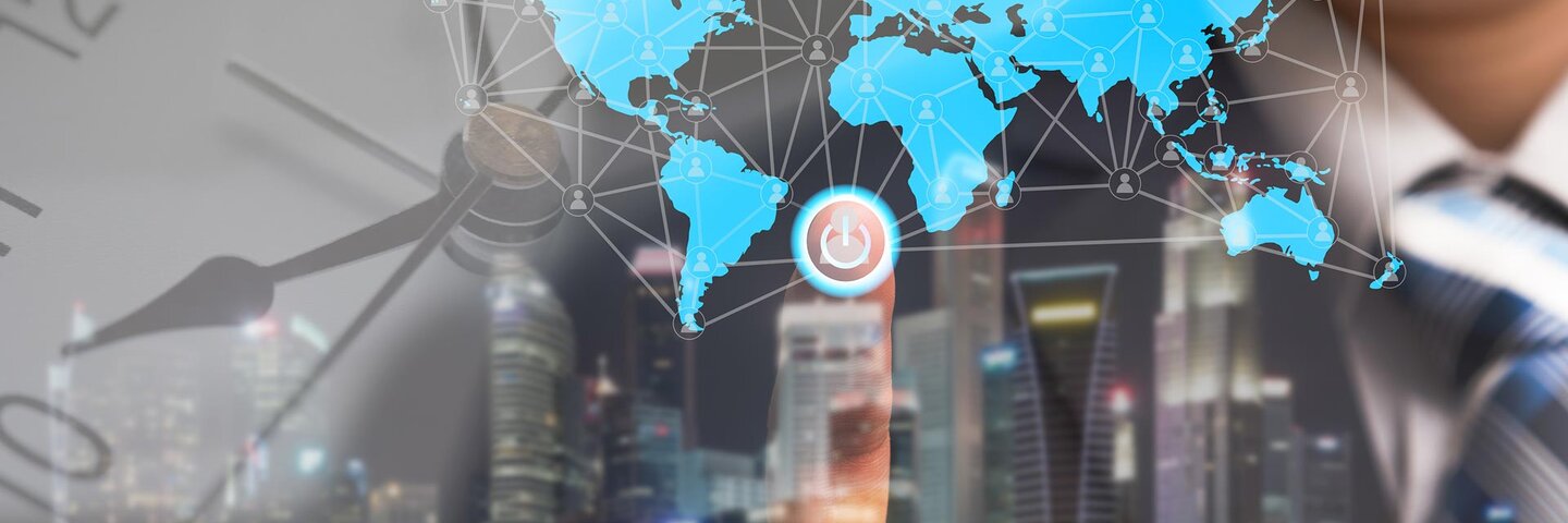 Global business concept and finance conceptual with businessman turn on power switch to connect people network communication with digital world map, money and worldwide