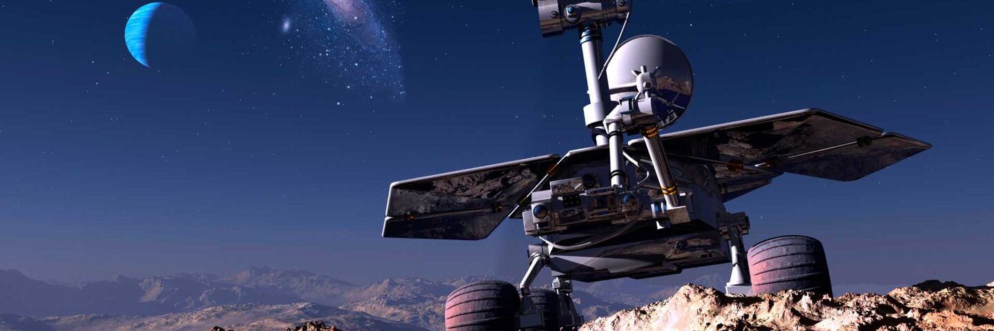 Space transport on the background of the planet.