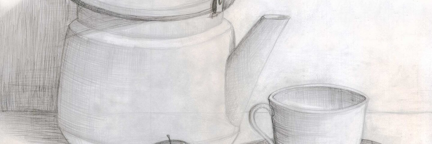 still life with kettle and Apple, pencil drawing