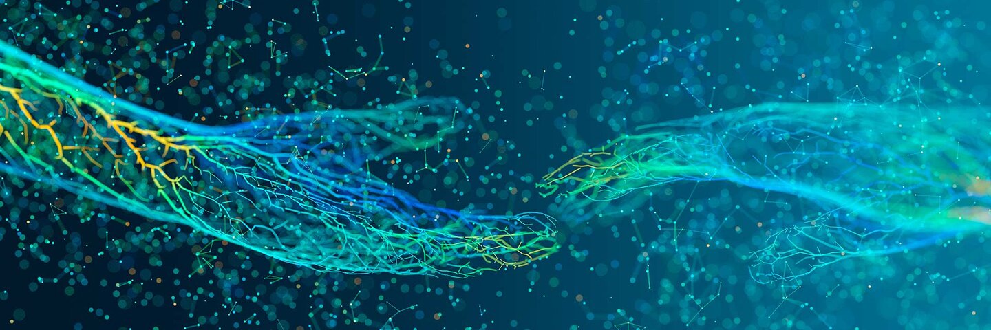 Two hands emitting glowing particles