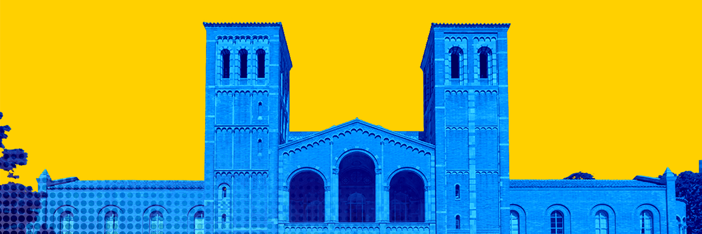 Stylized blue illustration of Royce Hall at UCLA against a bright yellow background.